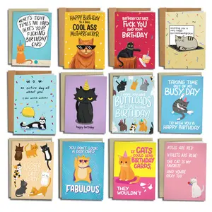 Funny Cat Birthday Cards Set - 12 Unique Designs for Cat Lovers - Sleazy Greetings 5 x 7 Inch Cards with Matching Kraft Envelopes - Made in USA