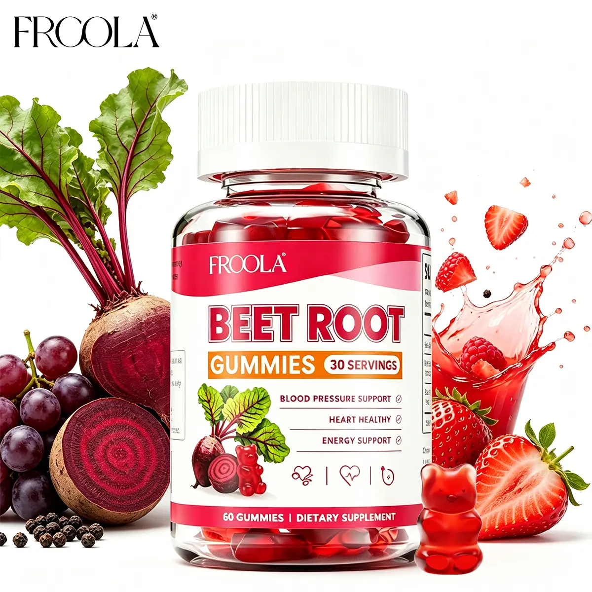 Frcola Beet Root Gummies Dietary Supplement - Supports Gut health ,Body Health and After-meal support - Strawberry-Flavored Health & Wellness Vitamin Supplement