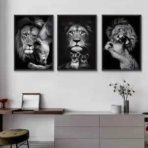 3pcs Set Modern Lion Family Canvas Wall Art Black and White Animal Poster Pints for Bedroom Decor Aesthetic Wall Art Home Decor, Unframed Wall Art Print