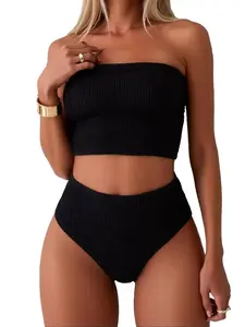 Crinkle Textured Bandeau Bikini Set, High Waist Strapless Slimming Two-Piece Swimsuit in Black & Blue for Women Beach Vacation