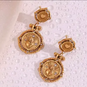 Sacred Heart Coin Drop Earrings – 18k Gold Vintage Statement Dangles
