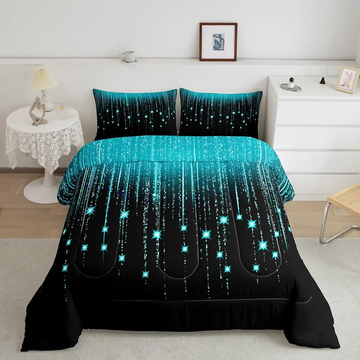 Abstract Ombre Teal Black Bed Comforter Set - Microfiber, Soft Bedding Set with Modern Geometry, Decorative Galaxy Stars Design for Luxury Bedroom Linens, Microfiber Bedding Set