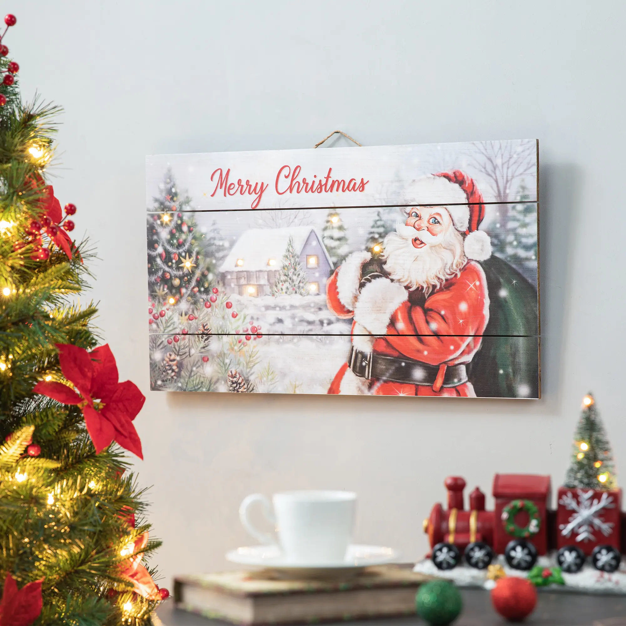 Glitzhome 24-in Lighted Wooden Santa Wall Decor, Christmas Hook-Installable Festive Home Decoration