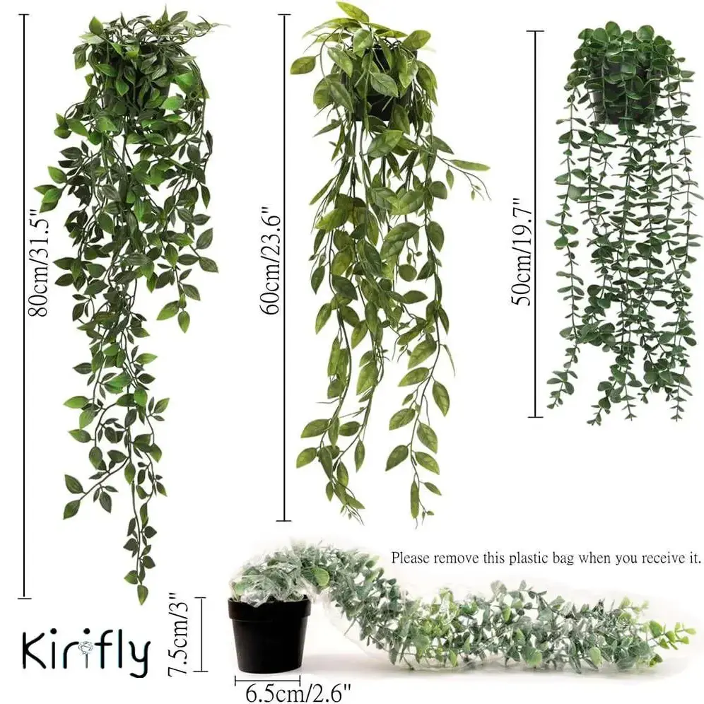3 Pcs Decorative Artificial Eucalyptus-Datura Plastic Vines with Leaves, Hanging Potted Fake Greenery for Indoor Home Decoration
