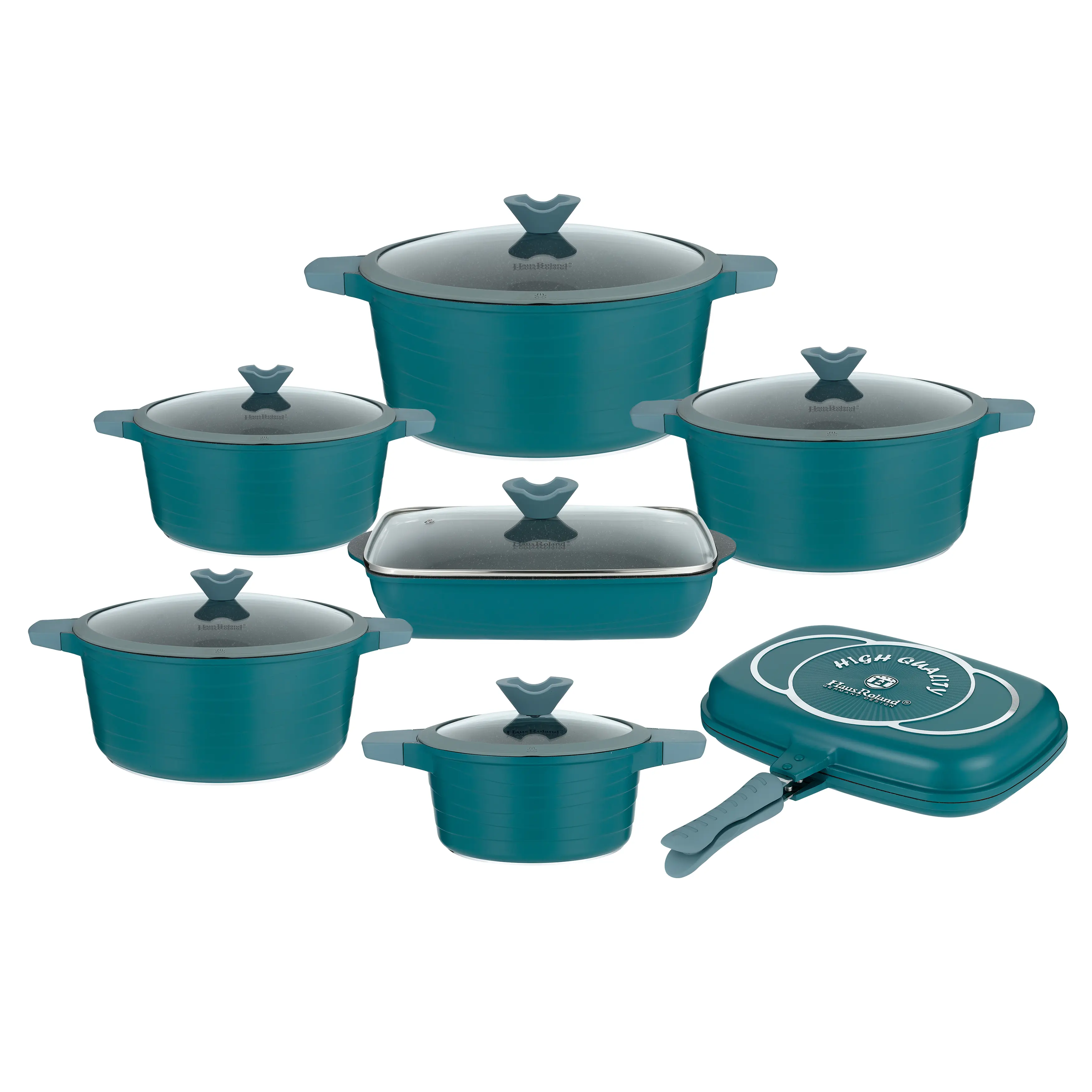 Lorren Home Trends Die-Cast Aluminum Cookware Set, 14 Piece, Non-Stick, Induction Compatible, Green in Collaboration with Haus Roland