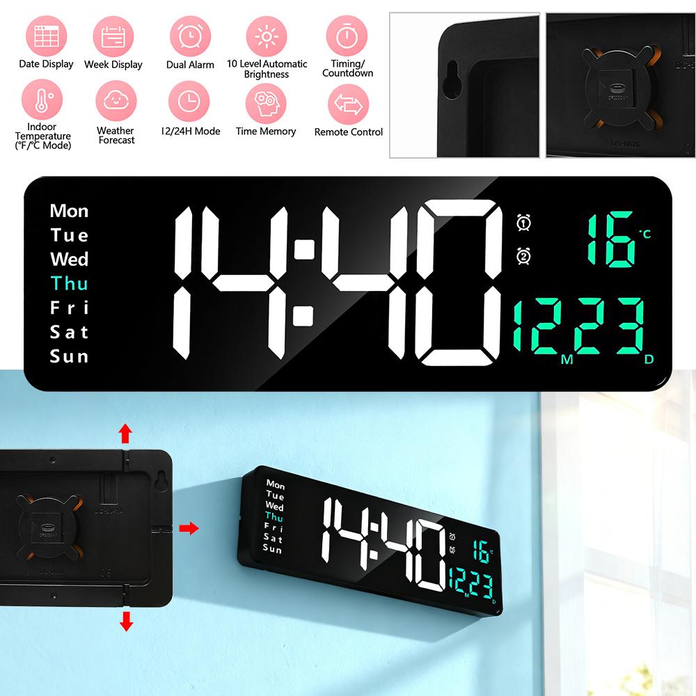 Digital Wall Clock, 13" Large Display Digital Clock with Remote Control, Auto-Dimming Wall Clock with Night Light, DST, Date Week,Temp for Living Room, Bedroom, Decor
