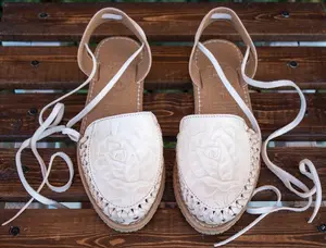 Womens LEATHER rose stamped lace up flat huarache MEXICAN SANDALS