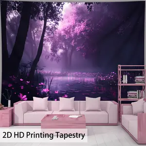 1pc Extra Large Fantasy Purple Forest Landscape Photo Tapestry, Polyester Aesthetic HD Print Wall Hanging, Living Room Bedroom Office Home Party Decor, No-Install Needed, Peach Skin Velvet Fabric, Flowers Pattern, Horizontal Orientation, Indoor Use