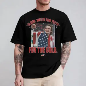 USA Hockey Olympic Gold Sweat and Teeth Graphic T-Shirt - Menswear Round Neck Shortsleeve Tops