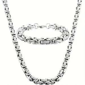 Men's U-shaped stainless steel necklace 2-piece set, Empire Chain Byzantine 6mm wide chain necklace, steel 8mm wide bracelet set