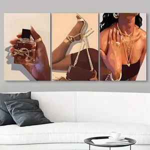 Fashion Girl Pattern Wooden Frame Canvas Painting, 3-Piece Set Modern Art Wall Decoration, Home Living Room Bedroom Office Decorative Painting, Poster