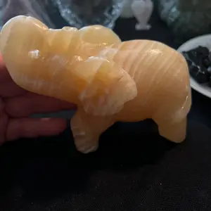 Natural Yellow calcite elephant Sculpture Housewarming Handmade White Home Ornament