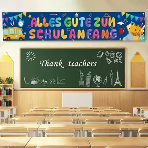 German Language Back-To-School Theme Bus Alarm Magnifying Glass Stationery Triangle Flag Banner, Indoor/outdoor Decor, 13.78x70.8 Inches