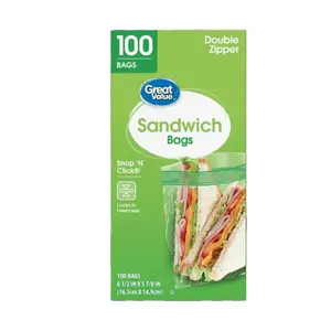 Great Value Snap 'N Click Double Zipper Sandwich Bags 100 Pack Clear Plastic Containers for Lunch Snacks & Pantry Organization Kitchen Utensils 6.12 x 5.78 Inches