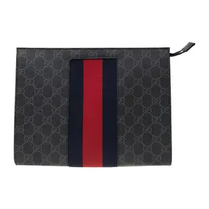 Men's Gucci Monogram Logo Striped Canvas Clutch Bag - Zipper Closure, Black-Gray, Durable Pouch, Elegant Clutch