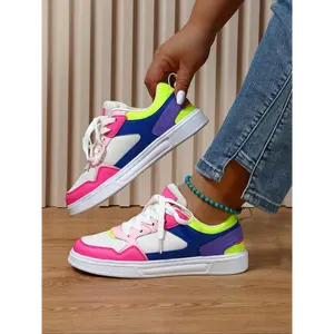 (New)Fashion Colorblock Lace Up Low Top Sneakers, Casual Breathable Comfortable Sports Shoes, Female All-match Round Toe Skate Shoes for Daily Wear