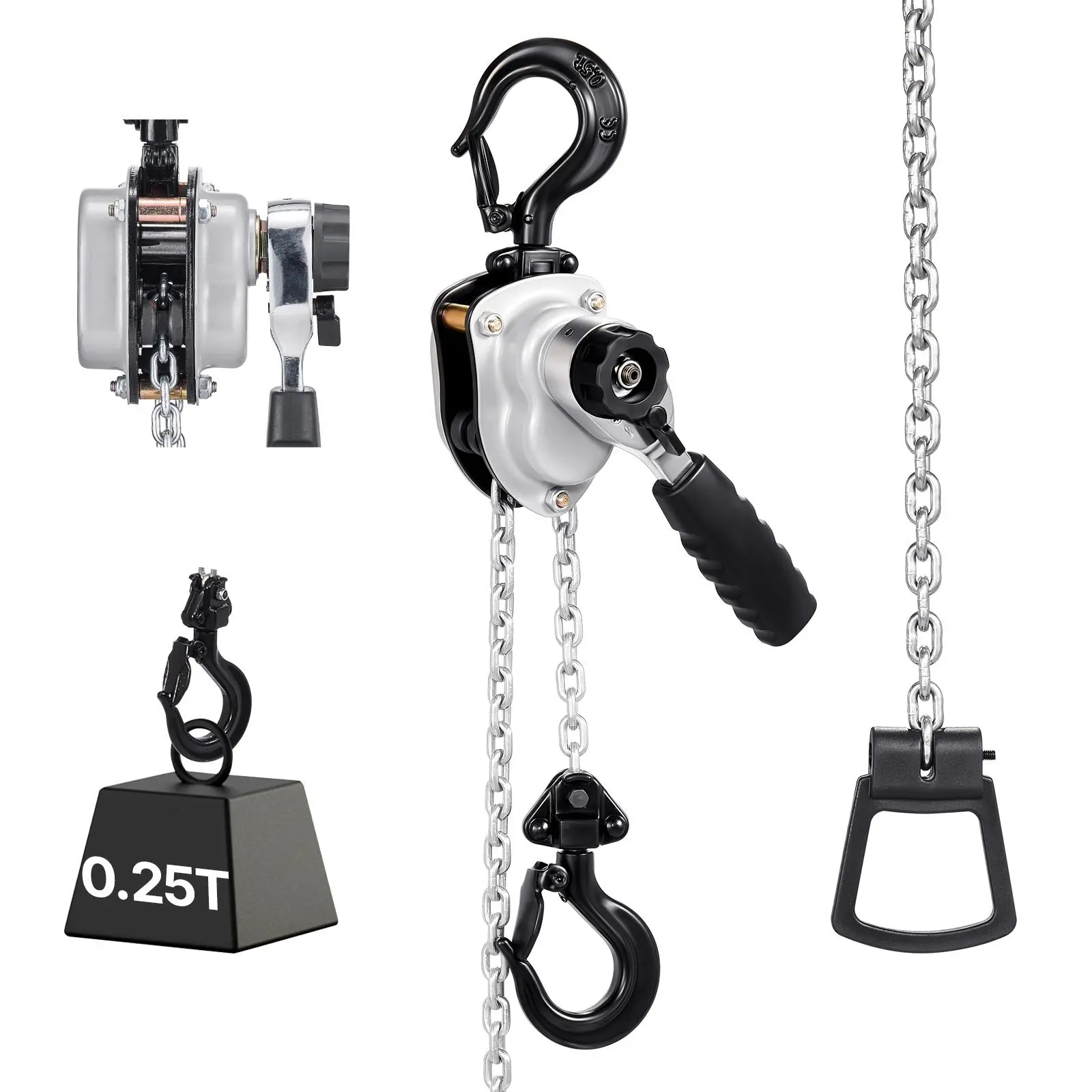 【Summerfinds】VEVOR Manual Lever Chain Hoist, 1/4T 550 lbs 4 mm G80 Galvanized Alloy Steel Chain, 5ft Lift, Dual Pawl Mechanical Dual Brake, 360° Rotating Hooks, Ergonomic (Ergo) Handle, Storage Bag, for Warehouse & Construction Use