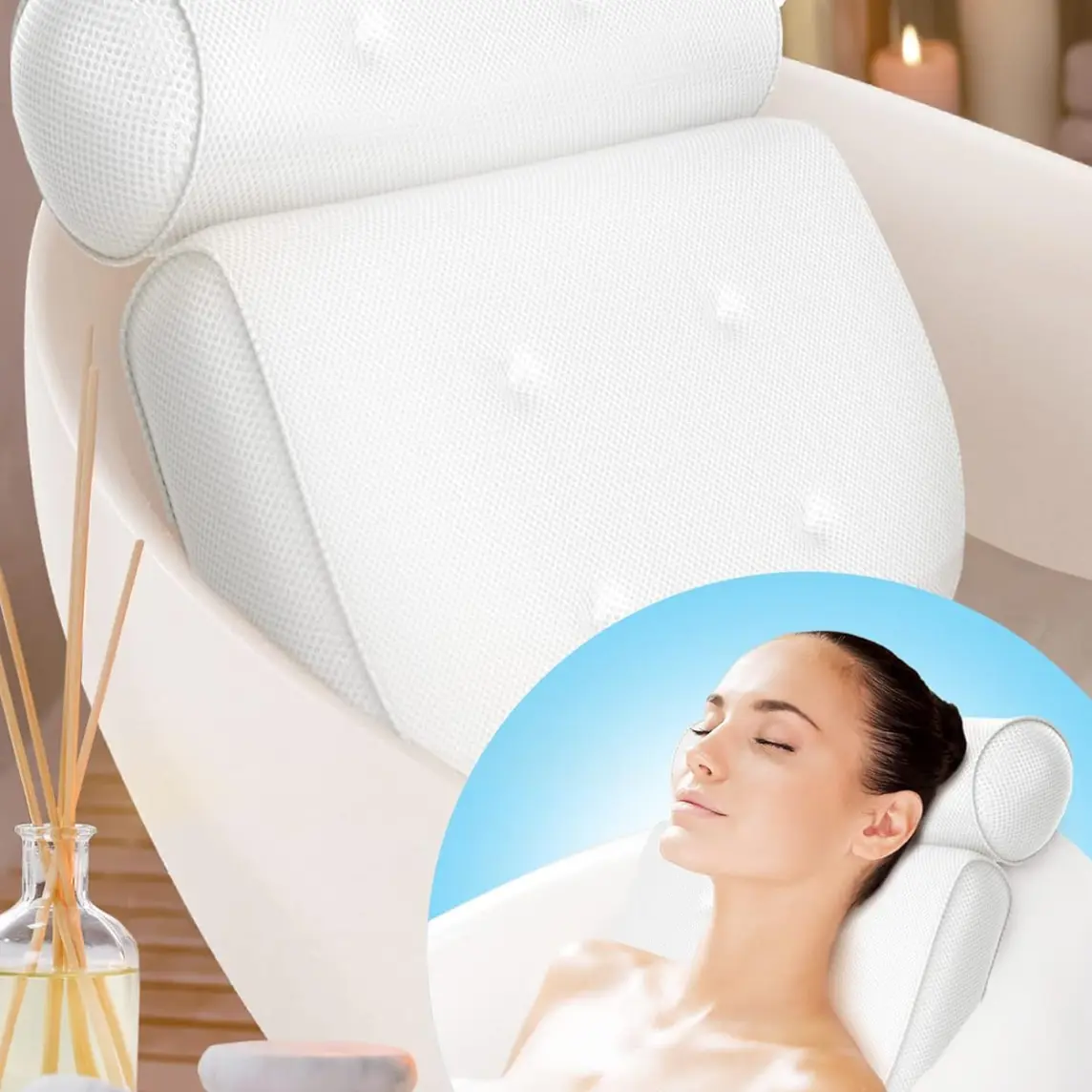 Bathtub Pillow for Neck and Back Support with Drying Hook, Bathtub Pillow Machine Headrest for Soaking & Straight Back Tubs - Bath Accessories, Machine Washable, 6 Suction Cups