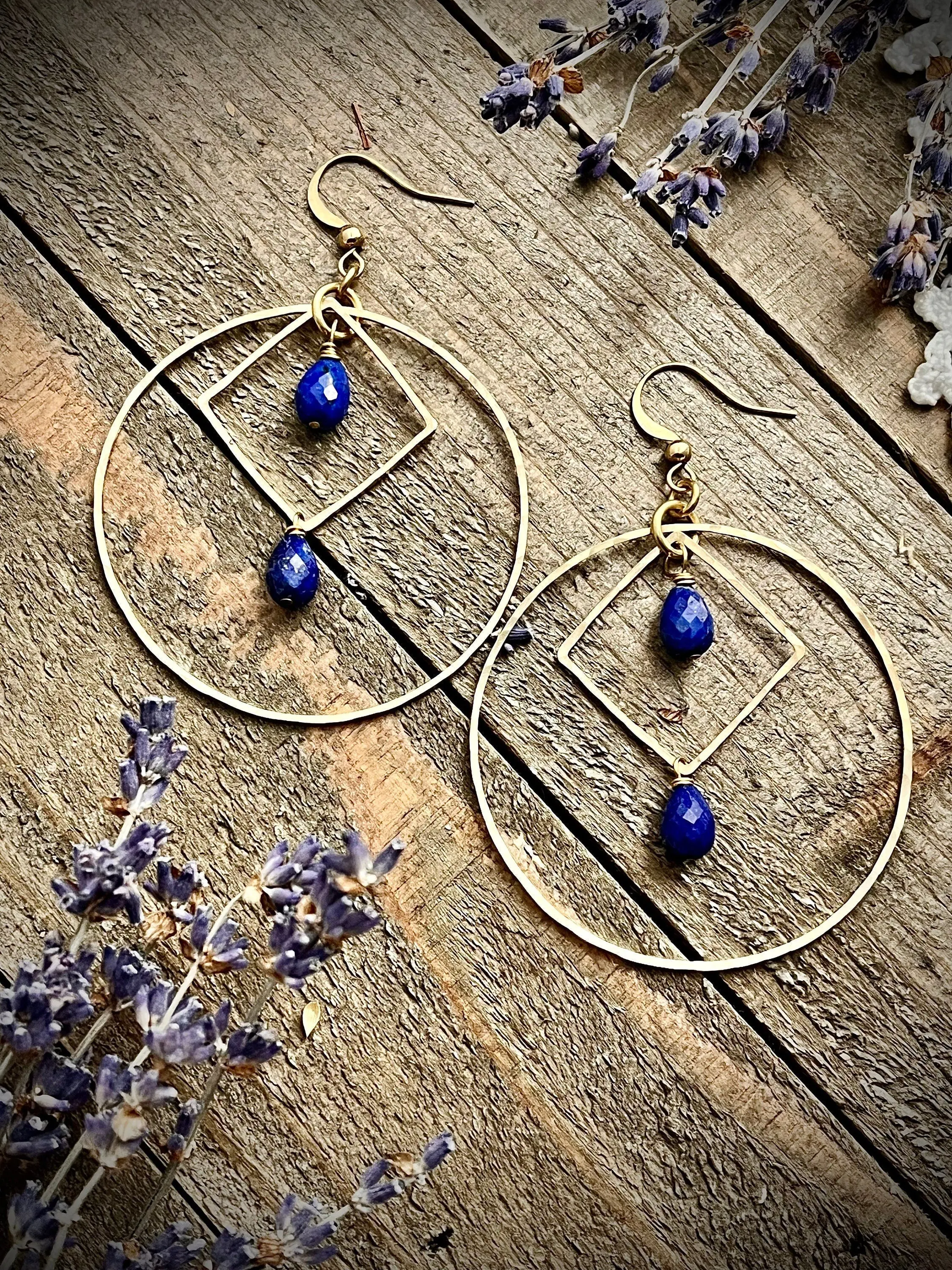 Geometric Gold Brass Lapis Lazuli Earrings
