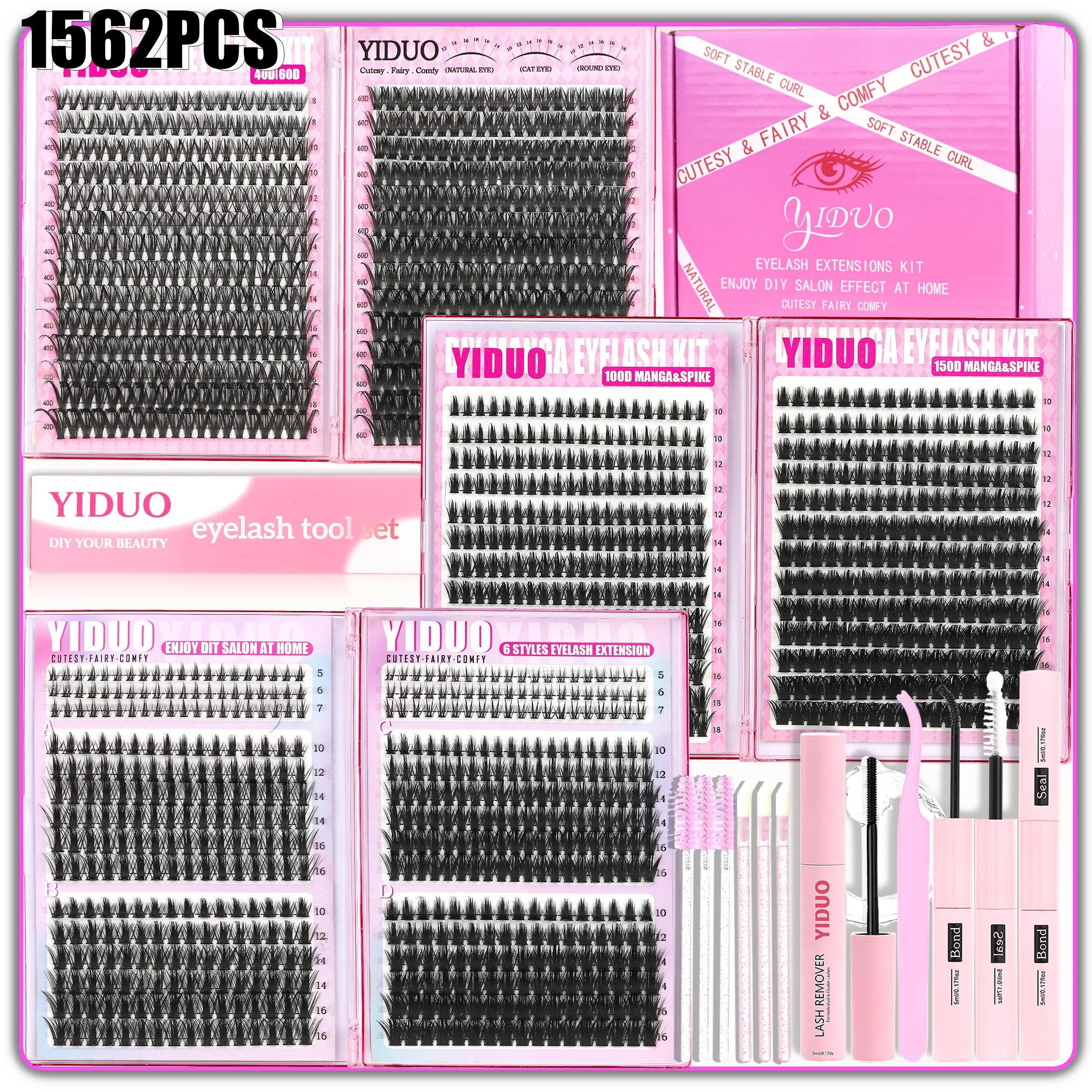 10 Styles Lash Clusters, Fake Eyelashes Clusters, 40D/60D/100D/150D/Bottom False Eyelash Extensions, Diy False Eyelashes, Longer Looking Lashes, 1562Pcs Set with Lash Bond & Seal, Lash Remover, Lash Tweezers, Eyelash Brush for Beginners