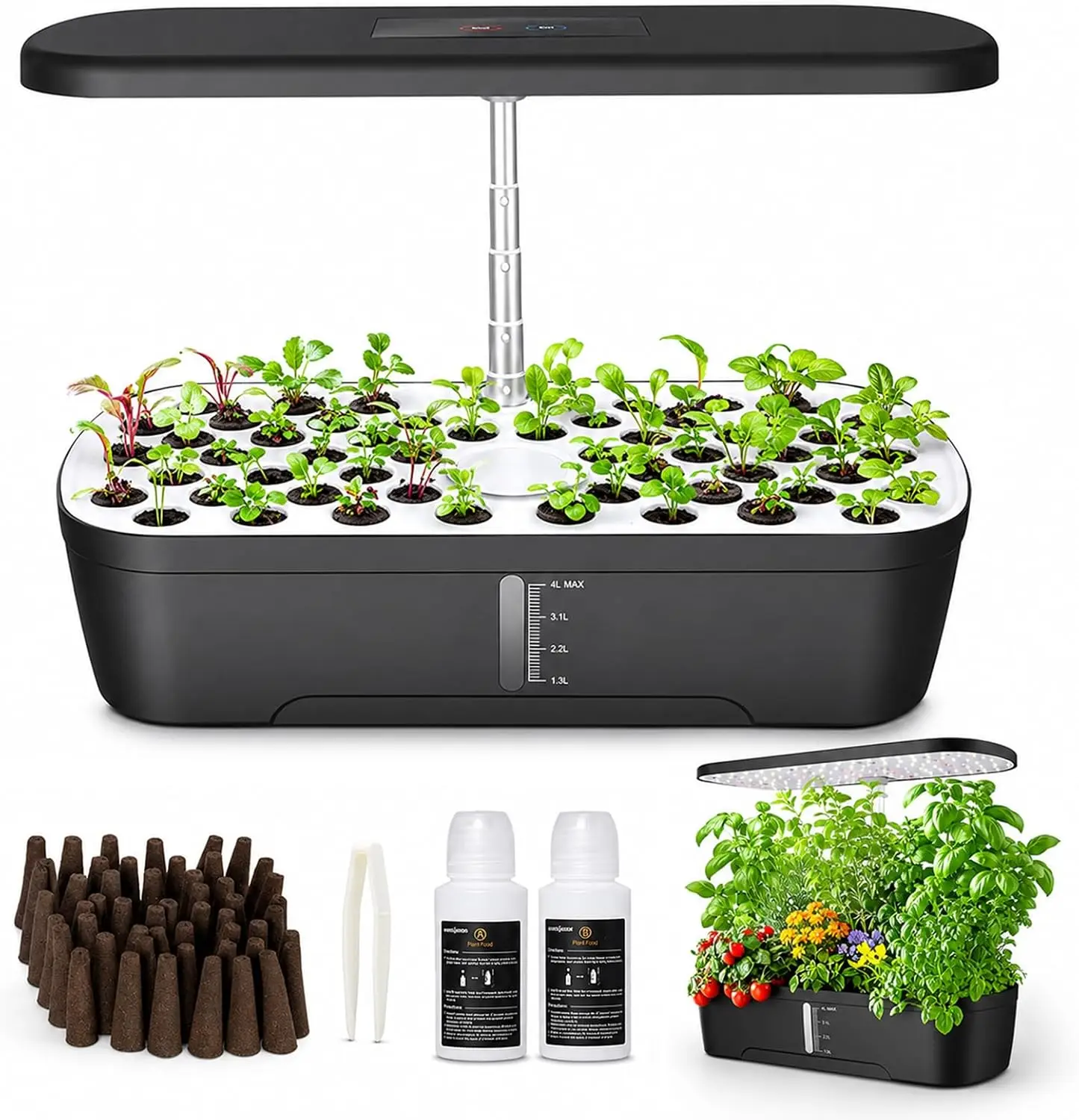 52-Pod Smart Hydroponics Growing System, Indoor Herb Garden Germination Kit with 24W Full-Spectrum Grow Light, Auto Timer, 4L Water Tank, Quiet Pump, Height Adjustable for Kitchen & Office Herbs Veggies