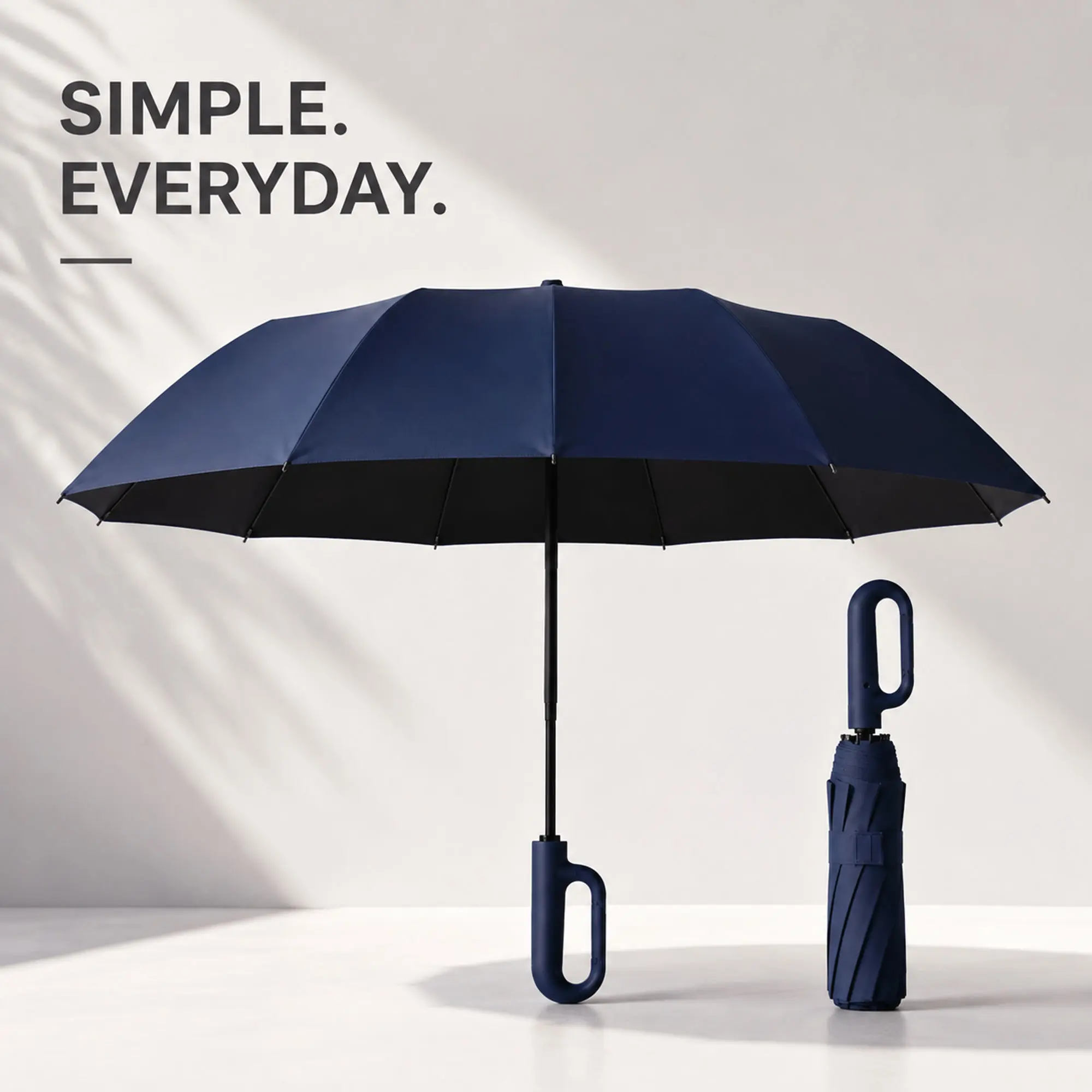 Automatic Folding Umbrella for Men and Women, Lightweight Compact Navy Blue Umbrella with UV-Protection, Windproof, Waterproof Features and Ring-Loop Handle