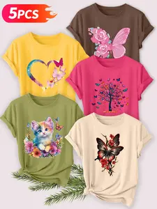5Pcs Women's Crew Neck T-Shirts, Butterfly & Cat Floral Series Print, Multiple Colors Available, Machine Washable, Spring & Summer Tops, Soft Skin-Friendly Fabric, Daily Versatile, Fashion Design