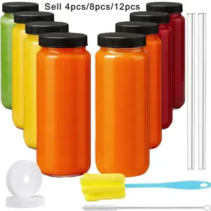 Glass Juice Bottles with Lids, Glass Straw Straw Brush and Cup Brush, 4/8/12 pcs 480ml, Reusable Wide Mouth Bottles with Lids, Clear Glass Juice Bottles for Milk, Hot Cold Drinks, Homemade Beverages, Reusable Water Bottles