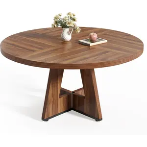 Round Dining Table for 4-6 People, 47 Inches Dining Room Table with Wooden Pedestal Base, Brown Dinner Tables, Circle Kitchen Tables for Dining Room, Kitchen, Living Room(Table Only)