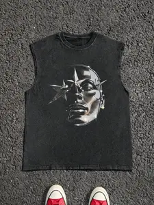 Men's Letter & Star Print Round Neck Tank Top, Regular Fit Casual Soft Comfortable Sleeveless Pajama Top for Summer, Men's Sleepwear & Loungewear for Daily Wear, Menswear