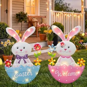 Easter Decorations Outdoor, 25 Inch Cute Bunny Flowers Decorative Garden Stakes for Easter Decor, Welcome Metal Yard Sign for Home Spring Outside Garden Front Porch Lawn Backyard