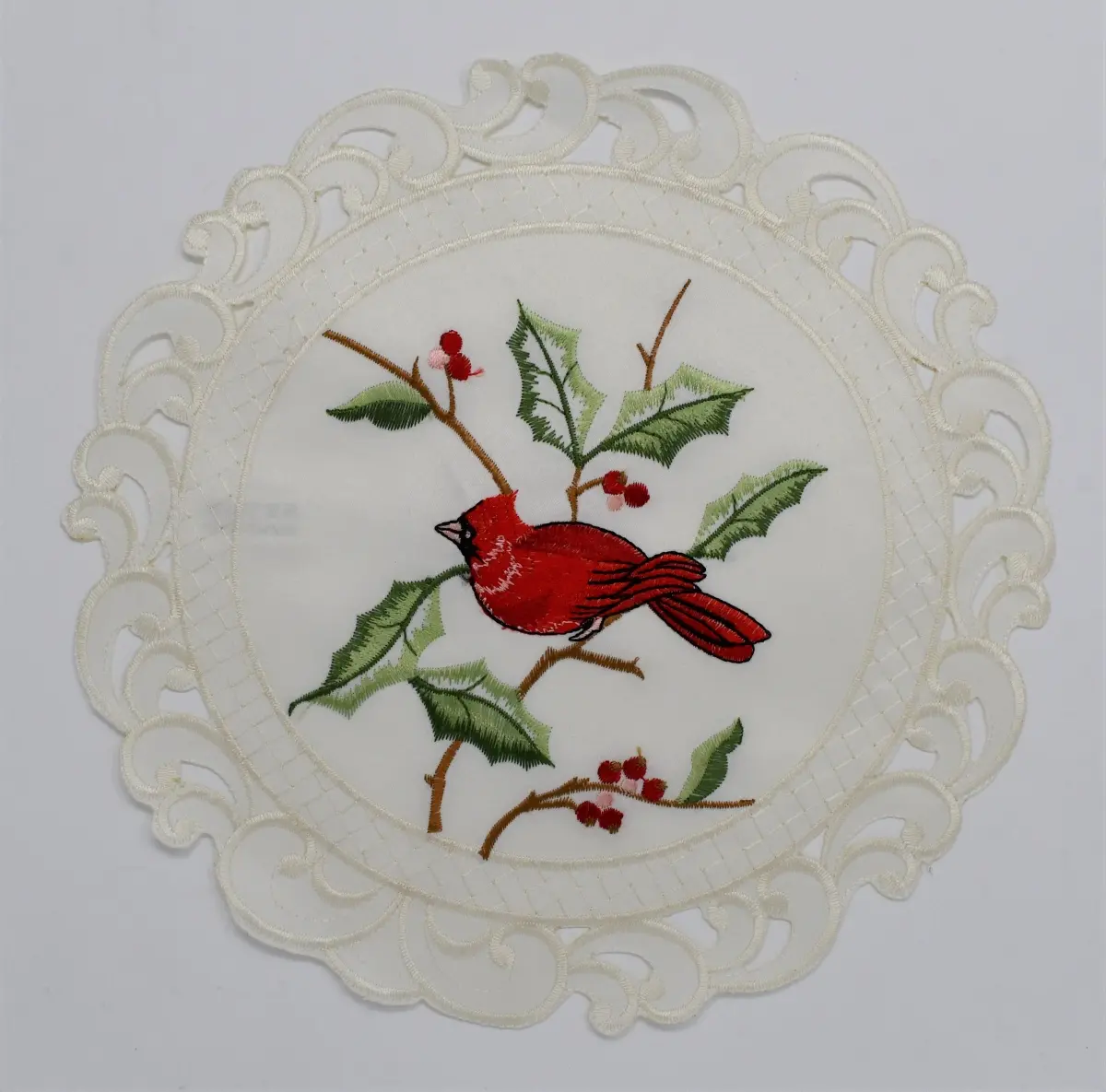 Sinobrite H9368-012 12 in. Cardinal-Print Holy Doily, 100 Percent Polyester Kitchen Linen, Machine Washable, Ideal for Room Decor