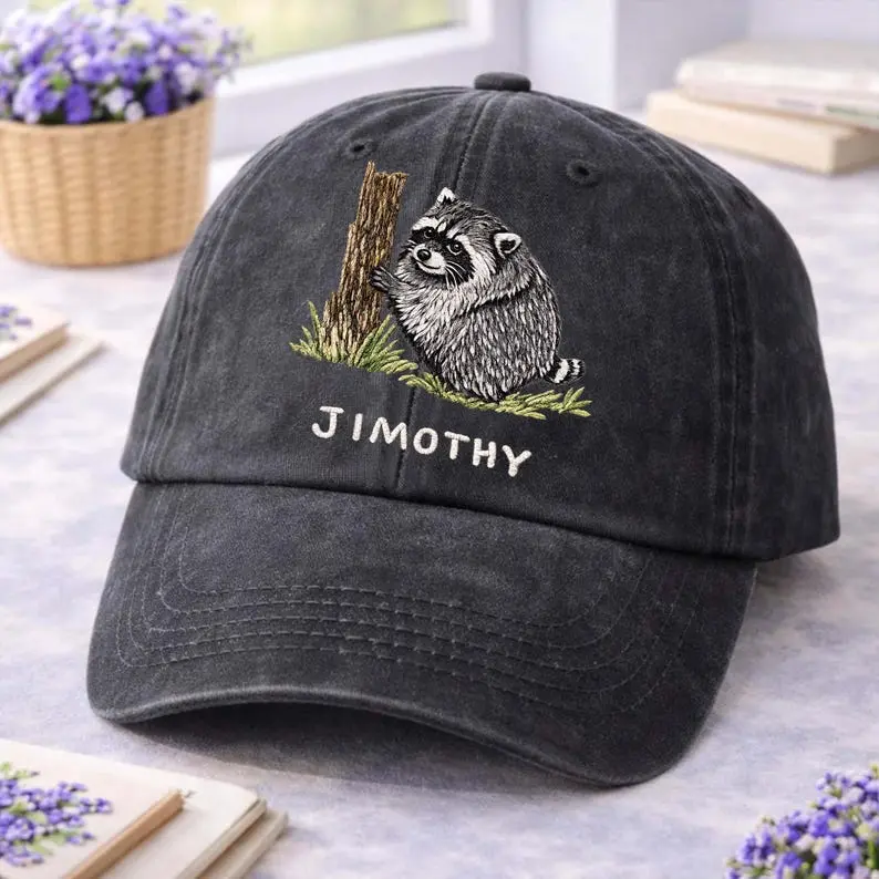 Jimothy Raccoon Embroidered Hat, Washed Black Wildlife Baseball Cap, Unisex Vintage Animal Dad Hat