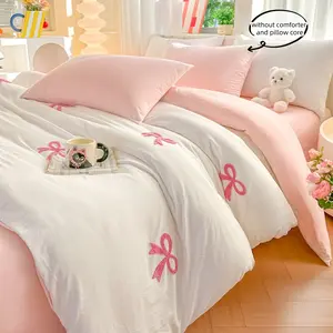 3-Piece Embroidered Bow, Includes 1 Fitted Sheet & 2 Pillowcases, Soft Comfortable Home Bedroom Linen, Cute Fashion Accessories, Soft Bedding Sets