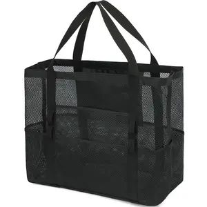 Large Mesh Beach Bag for Women | Sandproof Pool Tote with 8 Pockets & Zipper Pocket | Quick Dry Beach Tote Bag for Travel, Cruise, Pool, Camping & Family Vacations