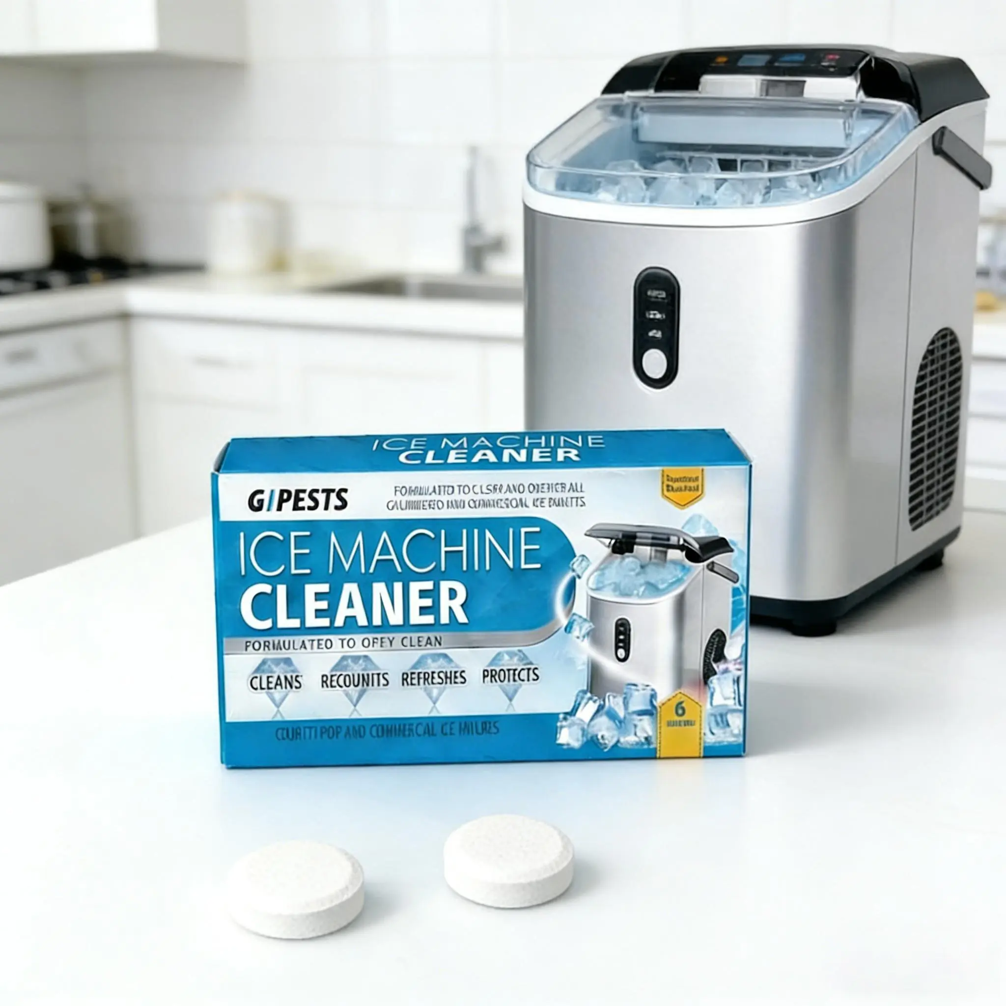 GIPests Ice Machine Cleaner & Descaler Active Tablets - 1 Box, New Packaging, Upgraded Formula, Cleans, Descales, Refreshes, Protects Household Ice Makers for Household Use, Optimal Clean with No Redundant Build-Up