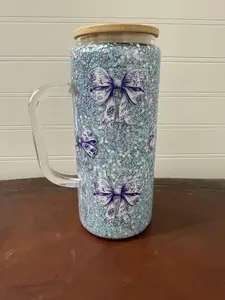 20oz UVDTF Designed Snowglobe Handled Soda Can Glass_w/ Bamboo Lid & Glass Straw