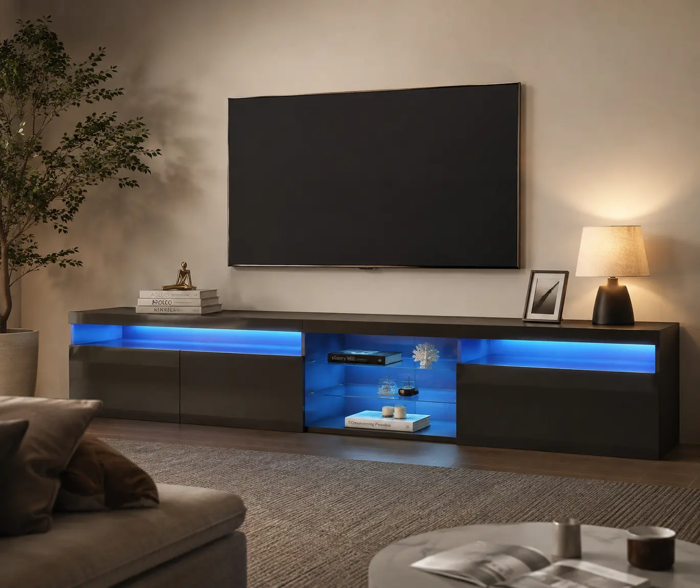 SAVEYOUR LED Color-Changing Lighted Black TV Stand, Unique Style Media Console with 2 Glass Shelves & Large Storage, 105" TV-Capable Indoor Entertainment Center for Living Room