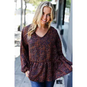 Navy & Rust Leopard Woven Babydoll Top