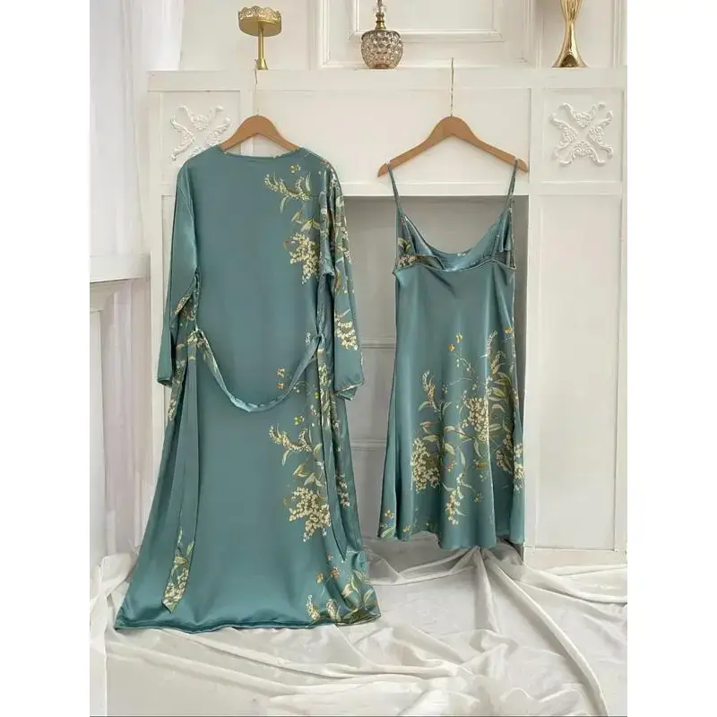 Women's Floral Print Belted Lounge Robe & Adjustable Cami Nightdress Satin Pyjama Set, Elegant Dressing Gown & Cowl Neck Backless Nightdress, Ladies SleepwearGift Women's Floral Print Belted Lounge Robe & Adjustable Cami Nightdress Satin Pyjama Set, Elegant Dressing Gown & Cowl Neck Backless Nightdress, Ladies SleepwearGift