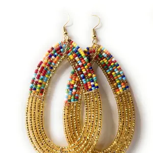 Alili Bold Accessories  Extra Large XL Gold Statement Rainbow and  Mixed Long Handmade Beaded Earrings Lightweight