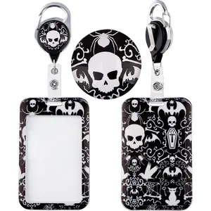 Black Skull ID Badge Holder with Retractable Clip Goth Cool Skeleton Printed ID Card Holder Men Boys Name Tag Heavy Duty Reel Protector Cover Case for Work
