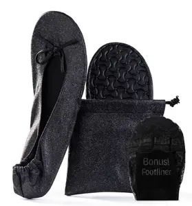 Women's Glitter Foldable Ballet Flat Roll Up Slipper Shoes (Black-Sparkle, Small)