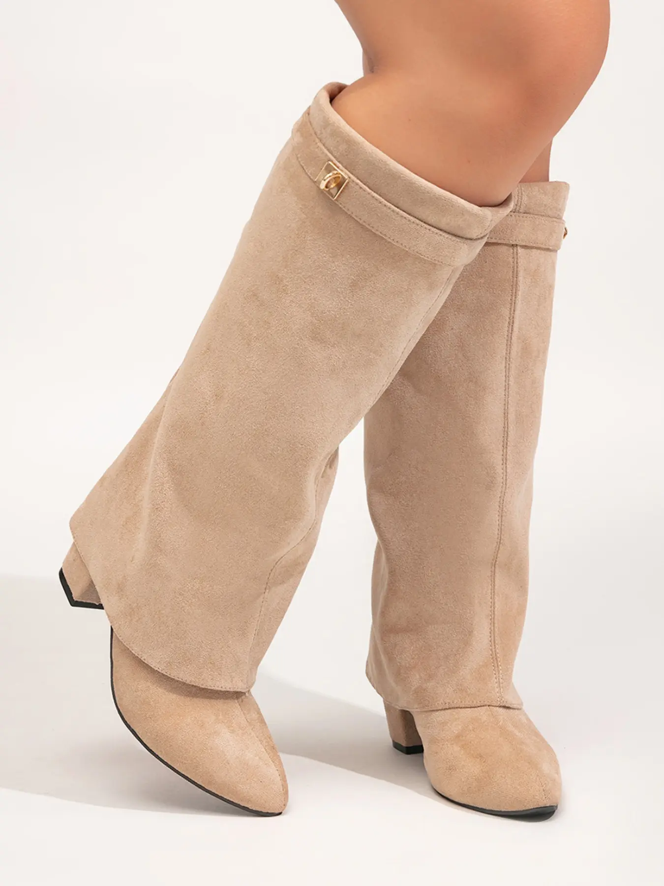 Elegant Classy Wide-Cut Marotta Suede High Heel Boots, Buckle Design, Fashionable Women's Shoes, Footwear, Perfect for Special Occasions, Comfortable and Trendy Style