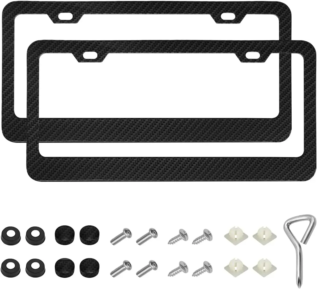 2-Piece Carbon Fiber License Plate Frames, 2-Hole Stainless Steel Rust-Proof Auto Tag Holders with Screws, Washers & Caps, Universal Front-Rear Car Exterior Accessories for Drivers