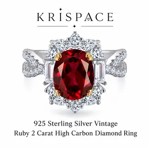 KRISPACE 925 Sterling Silver Retro Ruby Ring Women 2Ct Lab Grown Diamond Vintage Statement Jewelry Minimalist Luxury Unique Design Engagement Anniversary Gift