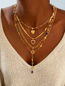Elegant Women's Multi-Layer Heart Chain Necklace Set, High End Necklace, Fashionable Rhinestone Jewelry for Parties & Christmas Gifts, Layered Necklaces