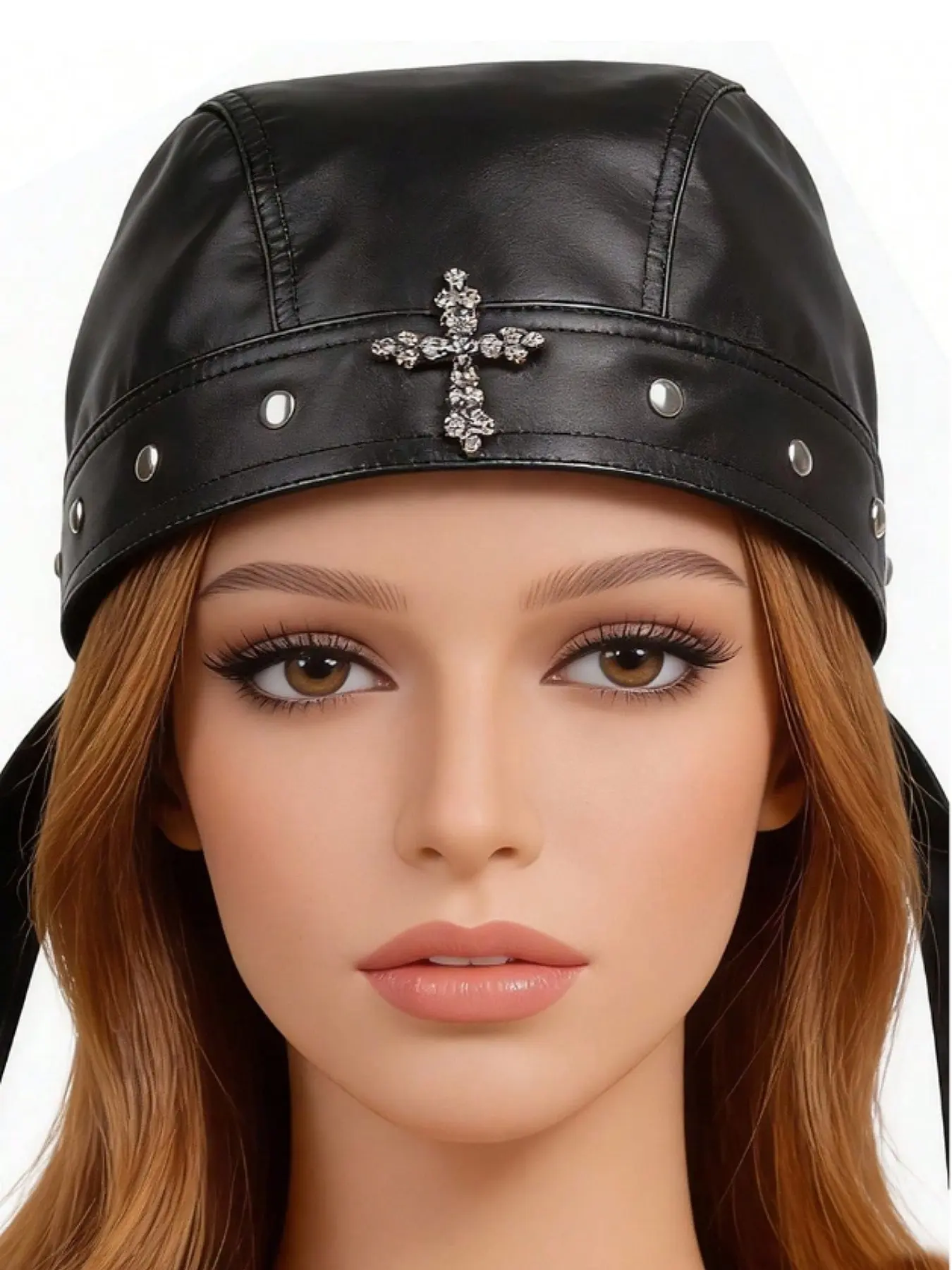 1PC Punk Gothic Skull Cross Decorative Rivet Leather Headband, Adjustable Tie Back Buckle Women's Headwear, Y2K Style for Various Parties, Skull Headpiece Adjustable Headbands