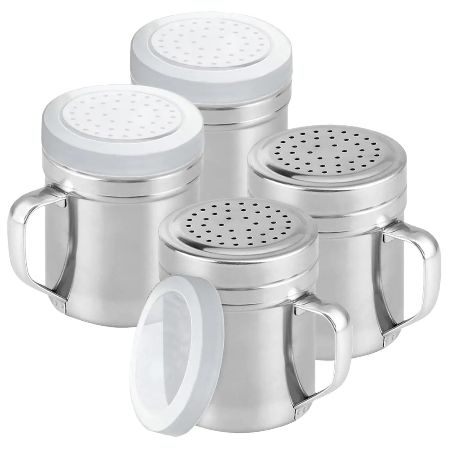 4-Pack 10oz Stainless Steel Salt and Pepper Shaker Bottles with Lid & Handle, Metal Dredge Kitchen Utensils for Cooking, Baking, Bottle