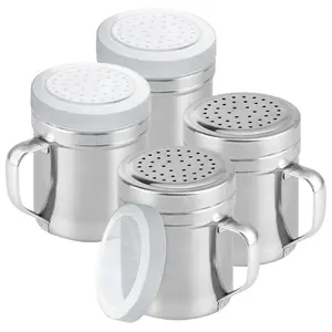 4 Pack 10oz Stainless Steel Salt and Pepper Shakers with Lid and Handle Dredge Spice Seasoning Condiment Popcorn Salt Shaker Powder Sugar Flour for Cooking Kitchen Baking